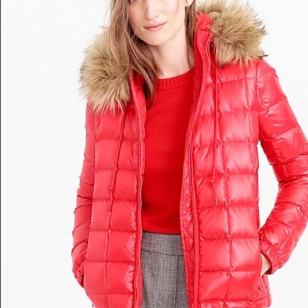 J Crew quilted down puffer with faux fur hood.